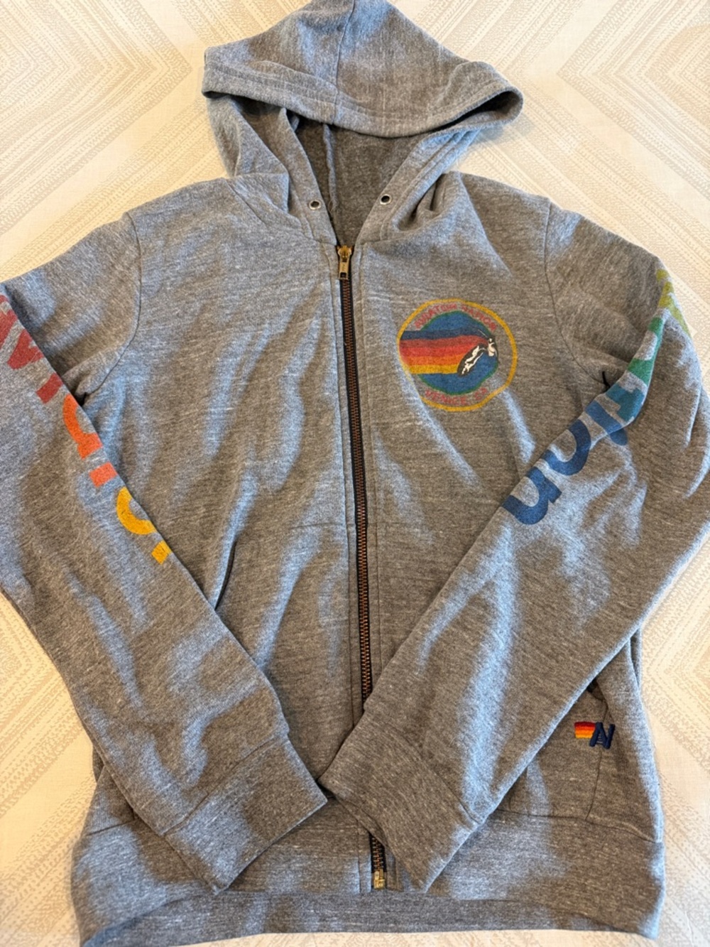 Aviator Nation Kids Size 14 Heather Grey Zip-Up Hoodie Rainbow Logo Venice CA